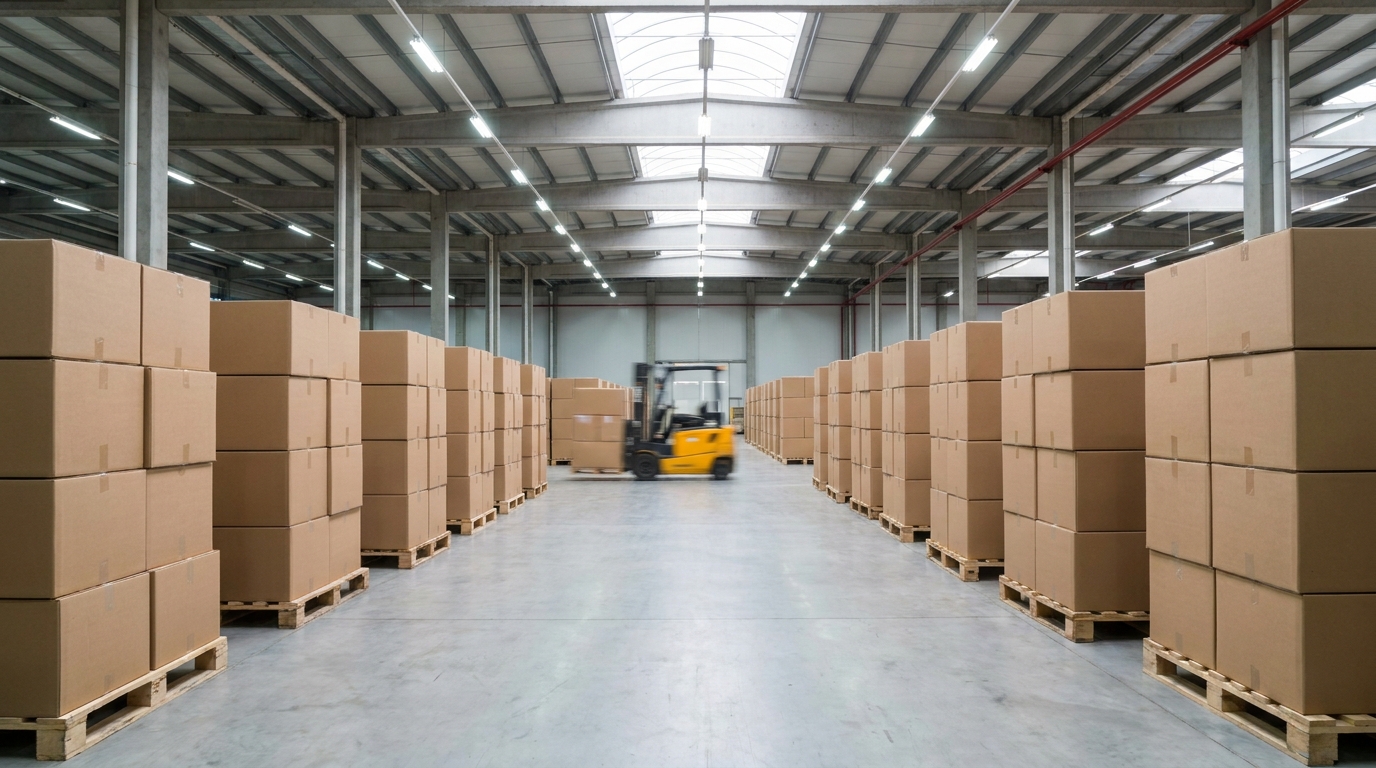 Cartons stacked on pallets inside an export warehouse